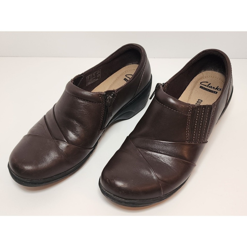 Clarks Women's Brown Leather Slip On Side Zip Wedge Comfort Shoes Size 7.5